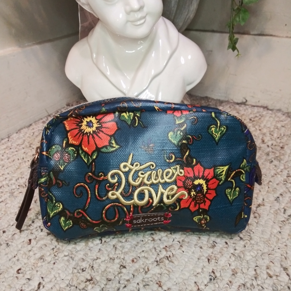 Sakroots "Love Love" Boho Multi Blue & Orange Floral, Zip Top Make-up Case - Picture 1 of 8